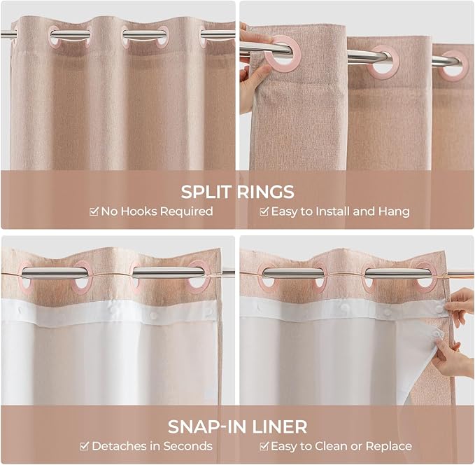River Dream Linen Textured No Hooks Shower Curtain with Liner,Pink,71x74 | with Snap-in Liner,Heavy Duty Fabric,Quick Dry,Bottom Magnets,Water-Repellent,Washable,Farmhouse Bathroom Set