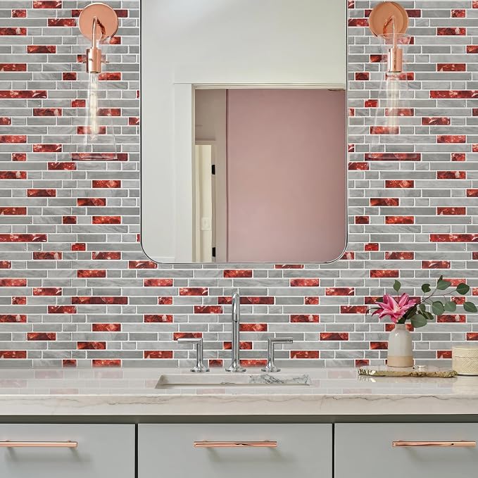 STICKGOO Thicker Peel and Stick Backsplash Tile for Kitchen and Bathroom | 10 Sheets of 12”×12” - 3D Vinyl Self Adhesive Wall Tiles Stick on Backsplash for Kitchen & Bathroom(Red)