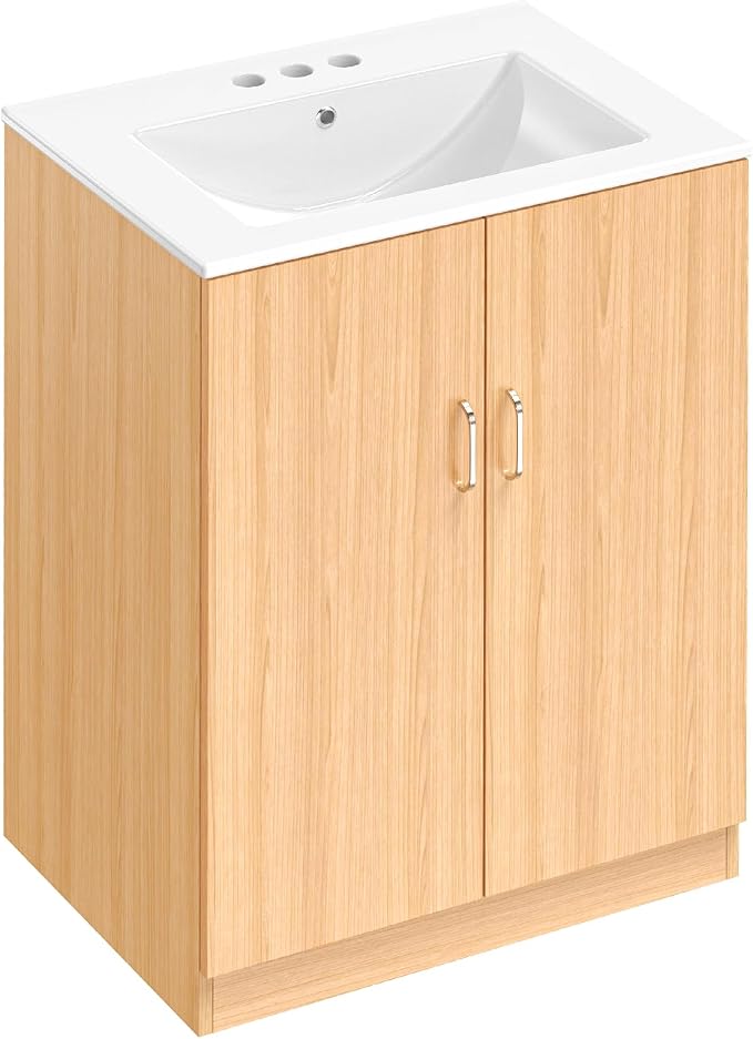 Sweetcrispy 24" Modern Bathroom Vanity with Ceramic Basin, Undermount Vanity Sink Cabinet with 2 Doors and 1 Inner Drawer, Free Standing Bathroom Storage Cabinet with Sink Combo Set, Classic Wood