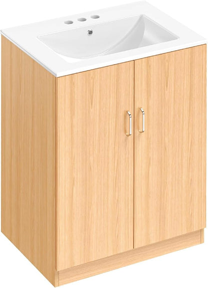 Sweetcrispy 24" Modern Bathroom Vanity with Ceramic Basin, Undermount Vanity Sink Cabinet with 2 Doors and 1 Inner Drawer, Free Standing Bathroom Storage Cabinet with Sink Combo Set, Classic Wood