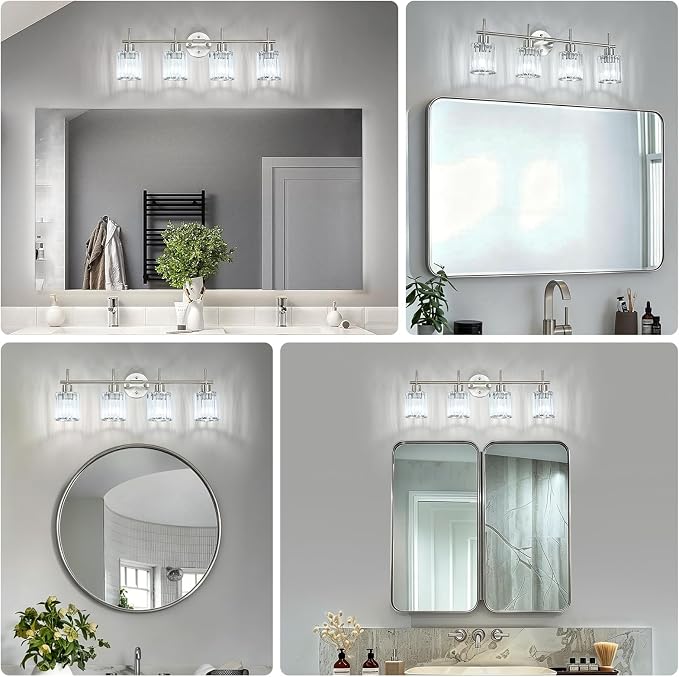 Brushed Nickel Bathroom Light Fixtures, Round, 4-Light | Vanity Lights with Crystal Shades, Modern Bathroom Lighting Fixtures over Mirror (Bulbs Not Included, E26)