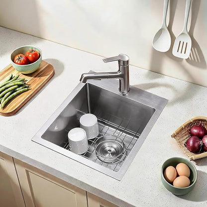 15x15 Inch Bar Sink Drop In, Topmount Kitchen Sink Stainless Steel Square Small Sinks, Single Bowl Kitchen Sinks for Laundry Wet Bar Prep RV Office Outdoor Yard with Grid & Drain