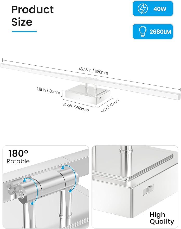 NIORSUN 46.5 Inch Modern Bathroom Light Fixture, 40W 5CCT Dimmable LED Chrome Bathroom Vanity Lights Over Mirror, Vanity Lights for Bathrooms Restroom Mirror