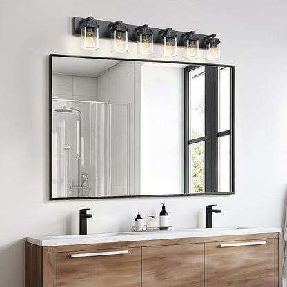 Black Bathroom Light Fixtures, 6 Lights Bathroom Lighting Fixtures Over Mirror, Square Design & Rectangle Large Backplate, Modern Vanity Lighting Fixtures, for Bathroom/Living Room/Bedroom