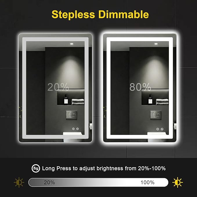 LED Bathroom Mirror with Lights, Anti-Fog, Dimmable, Backlit+Frontlit, 3 Color Light - 36"x24" Lighted Vanity Mirrors for Wall, Shatterproof Tempered Glass, Memory Function