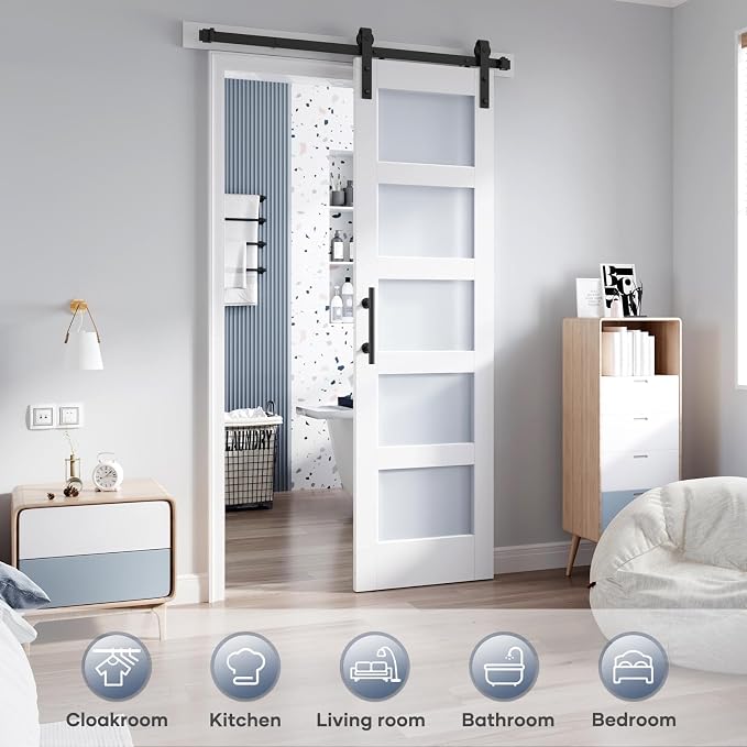 24x84 Inch Glass Sliding Barn Door Slab and 4ft Hardware Kit Included, 5 Frosted Glass, LVL Wood Panel Covered with White Water-Proof Scratch-Proof PVC Surface, Simple DIY Assembly