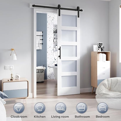 24x84 Inch Glass Sliding Barn Door Slab and 4ft Hardware Kit Included, 5 Frosted Glass, LVL Wood Panel Covered with White Water-Proof Scratch-Proof PVC Surface, Simple DIY Assembly