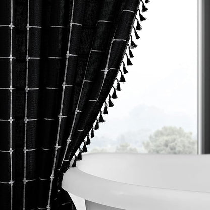 Long Boho Farmhouse Shower Curtain for Bathroom 72x78 | Long French Country Plaid Tassel Shower Curtain, Rustic Aesthetic Bathroom Decor Windows Curtain, Black