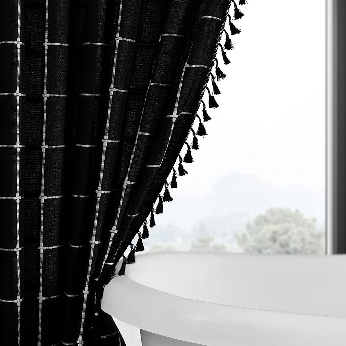 Extra Long Boho Farmhouse Shower Curtain for Bathroom 72x84 | Extra Long French Country Plaid Tassel Shower Curtain, Rustic Aesthetic Bathroom Decor Windows Curtain, Black