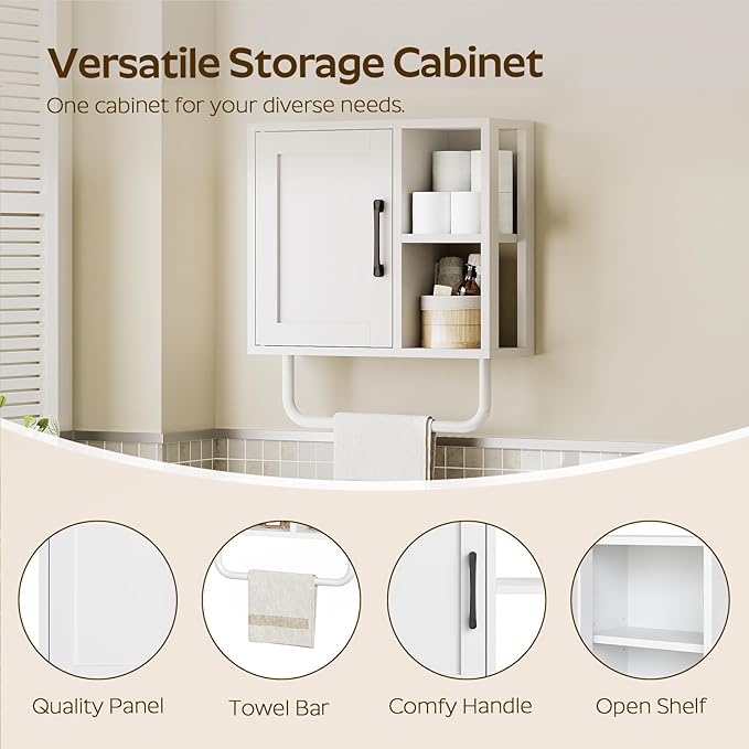 Medicine Cabinet, Bathroom Wall Cabinet with Towel Bar, Over The Toilet Storage Cabinet with Adjustable Shelf and Open Partition, for Bathroom, Laundry Room, Living Room, Kitchen, White