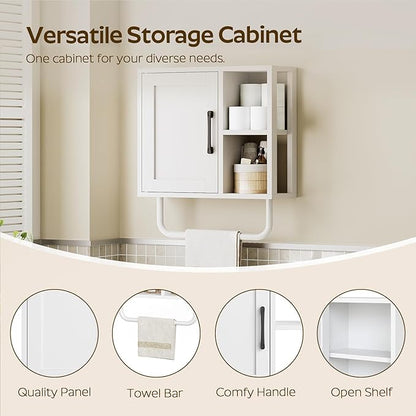 Medicine Cabinet, Bathroom Wall Cabinet with Towel Bar, Over The Toilet Storage Cabinet with Adjustable Shelf and Open Partition, for Bathroom, Laundry Room, Living Room, Kitchen, White