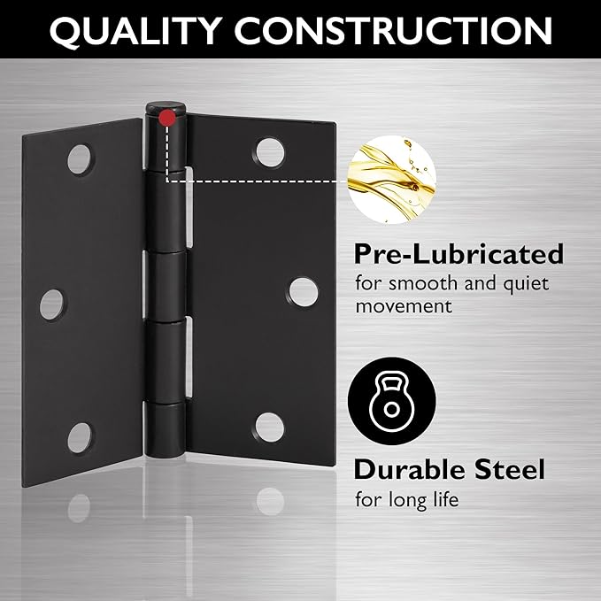 Design House 6-Pack Matte Black Door Hinges – 3.5-inch x 3.5-inch – Square Corner Radius Steel Door Hinge – Fits Standard Doors – Design House 185934