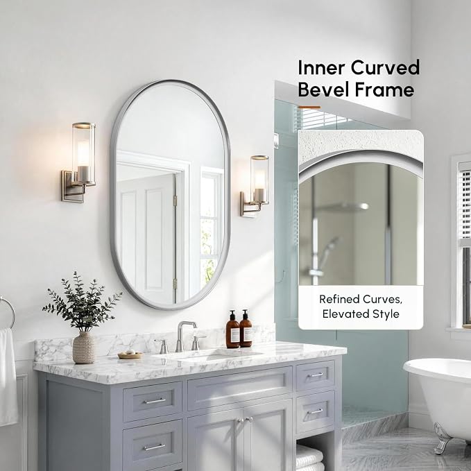 Brushed Nickel Pill Oval Mirror for Bathroom 24x36 Inch | Small Silver Vanity Mirror, HD Glass, Rust-Proof Aluminum Frame, Inner-Curved Decor for Bedroom, Entryway Renovation