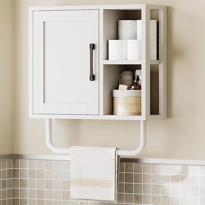 Medicine Cabinet, Bathroom Wall Cabinet with Towel Bar, Over The Toilet Storage Cabinet with Adjustable Shelf and Open Partition, for Bathroom, Laundry Room, Living Room, Kitchen, White