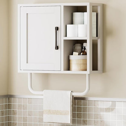 Medicine Cabinet, Bathroom Wall Cabinet with Towel Bar, Over The Toilet Storage Cabinet with Adjustable Shelf and Open Partition, for Bathroom, Laundry Room, Living Room, Kitchen, White