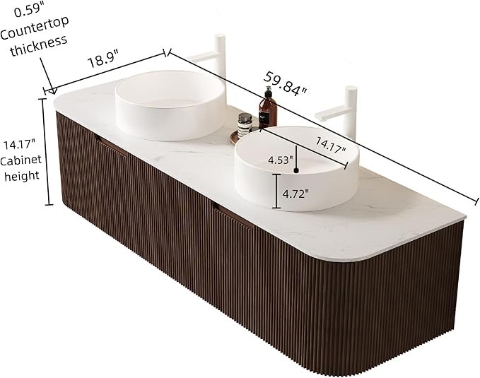 60'' Bathroom Vanities Cabinet with Sink, Wall Mounted Floating Cabinet W/Curved Edges Stripes, Oak Plywood, Soft-Close System with 2 Drawer & 2 White Round Ceramic Basin - Kiel, Dark Walnut