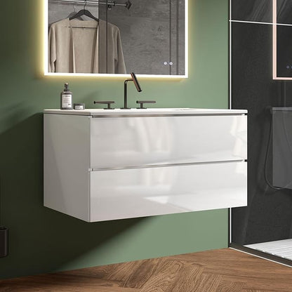 36" Bathroom Vanity with Sink, Modern Floating Vanity with Double Soft-Closing Drawers, Large Storage for Small Space, Glossy White, Fully Assembled - Iris Collection
