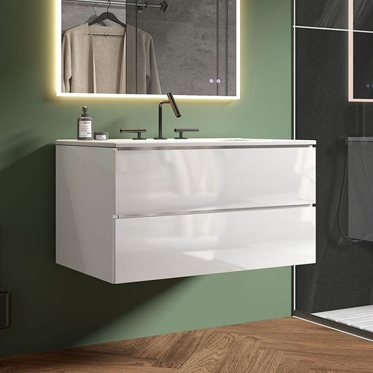 36" Bathroom Vanity with Sink, Modern Floating Vanity with Double Soft-Closing Drawers, Large Storage for Small Space, Glossy White, Fully Assembled - Iris Collection
