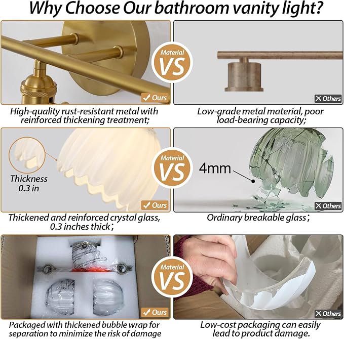 Gold 2 Light Bathroom Vanity Light,14.9in Modern Bathroom Lighting Fixtures Over Mirror with Milky White Tulip Crystal Glass Shade,Brass Vintage Vanity Lights for Bathroom Living Room Bedroom