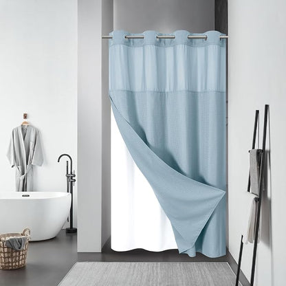 eachope No Hook Waffle Shower Curtain with Snap-in Liner, 54x80 Inch, Teal | 230GSM waffle weave fabric, waterproof liner set with 2 bottom magnets, mesh window, washable, for shower stalls or bathrooms