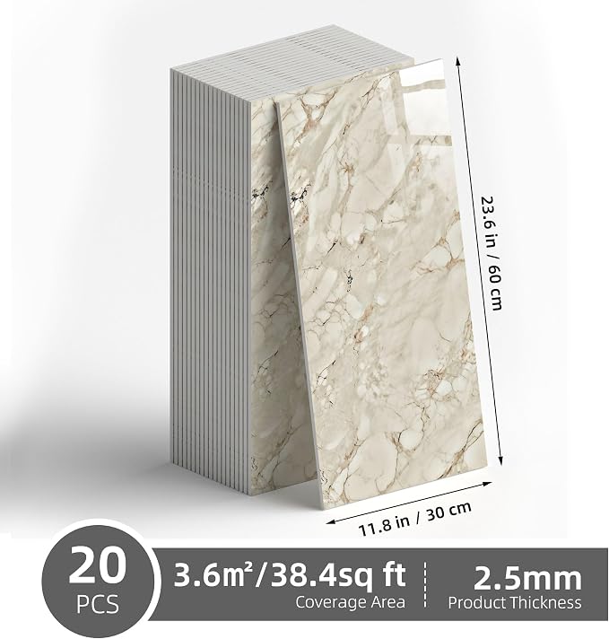 20 Pack 11.8"x23.6" Peel and Stick Backsplash Wall Panels, Self Adhesive Waterproof Back Splash Marble Tiles for Kitchen Bathroom, TV Walls, Living Room, Champagne Gold (Not Real Tiles)