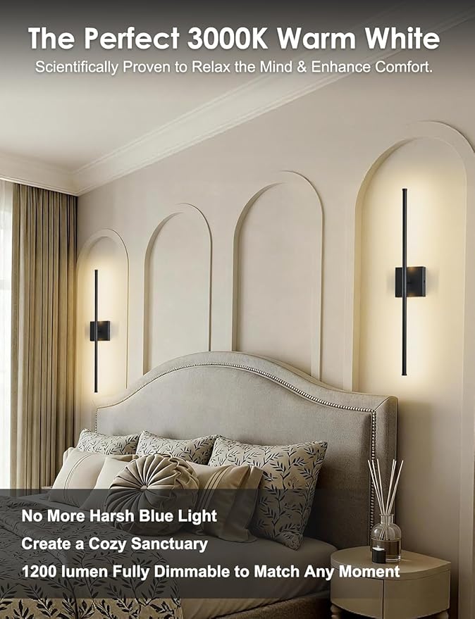 27.8 Inch Hardwired Wall Sconces Set of Two, 3000K Warm White Dimmable Modern Wall Sconces, 350° Rotate LED Light Fixtures Wall Lamp for Bathroom Living Room Bedroom Bedside, Black