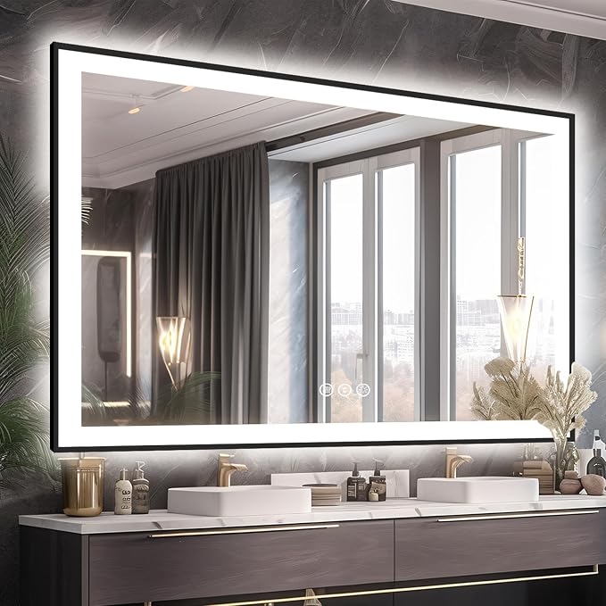 EchosLife 60x40 LED Mirror for Bathroom - Matte Black Framed | Black Frame, Front and Backlit, Anti-Fog, Stepless Dimmable, 3 Colors, Memory, Tempered Glass, UL Listed, Horizontal/Vertical