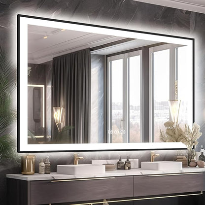 EchosLife 60x40 LED Mirror for Bathroom - Matte Black Framed | Black Frame, Front and Backlit, Anti-Fog, Stepless Dimmable, 3 Colors, Memory, Tempered Glass, UL Listed, Horizontal/Vertical