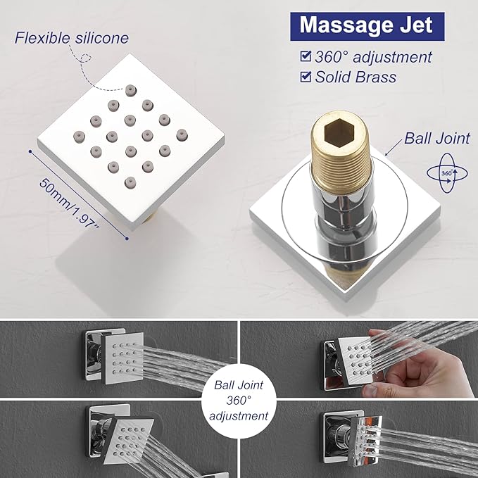 RUMOSE Rainfall Shower System with 4 Body Jets Wall Mounted 4 Mode Shower Faucet Set with 12 Inch Rain Shower Head and 2 in 1 Handheld Spray, Polished Chrome Brass Shower Fixtures, Rough-in Valve