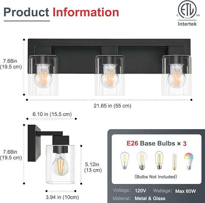 21.6 Inch Bathroom Light Fixtures, with Clear Glass Shade | 3-Light Matte Black Bathroom Lighting Fixtures Over Mirror, Modern Wall Light, bathroom vanity light E26 Socket, ETL