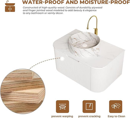 LKTART 30 Inch Floating Bathroom Vanity with Sink, Modern Wall Mounted Bathroom Storage Cabinet with Drawer, Stone Pattern Round White Ceramic Sink Top and Marble Texture Top, White