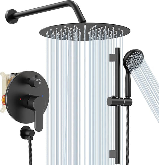 SR SUN RISE 12 Inch Slide Bar Shower System, Round Shower Faucets Sets Complete Rain Shower head and 6-Spray Handheld Combo, Wall Mounted Dual Shower Faucet Included Valve and Trim Kit, Matte Black