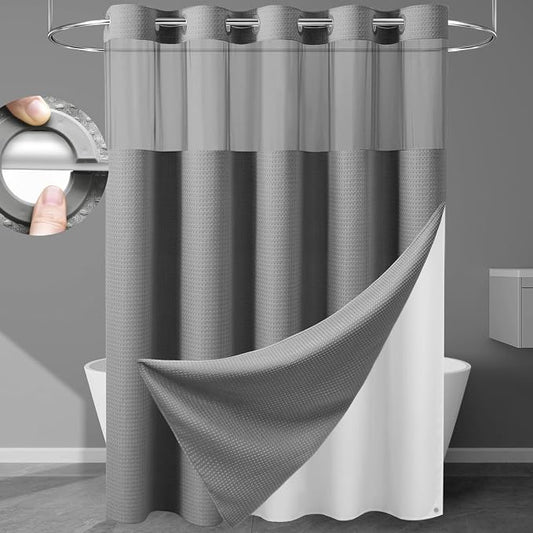 EUTXL Heavyweight No Hook Shower Curtain with Liner, Grey,71x80 | Snap in Liner, 256GSM Thick Waffle Fabric, Hotel Luxury Spa, Corner Magnets, Quick Dry, Waterproof & Washable, Long Size