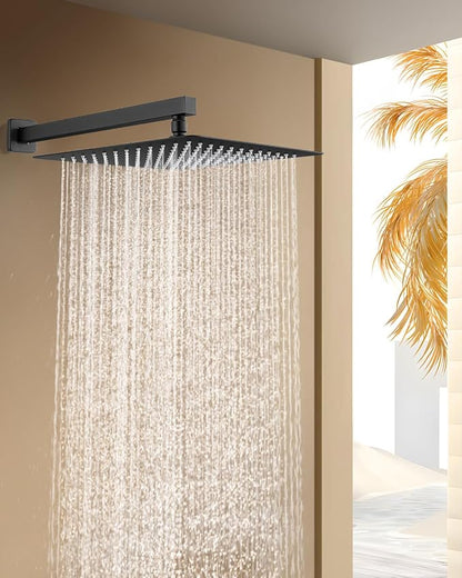 All Metal Matte Black Rainfall Shower Head with Extension Arm, 12" Large Rain Square Showerhead with 16" Long Shower Arm Stainless Steel, 144 Silicone Nozzles Waterfall Full Body Coverage