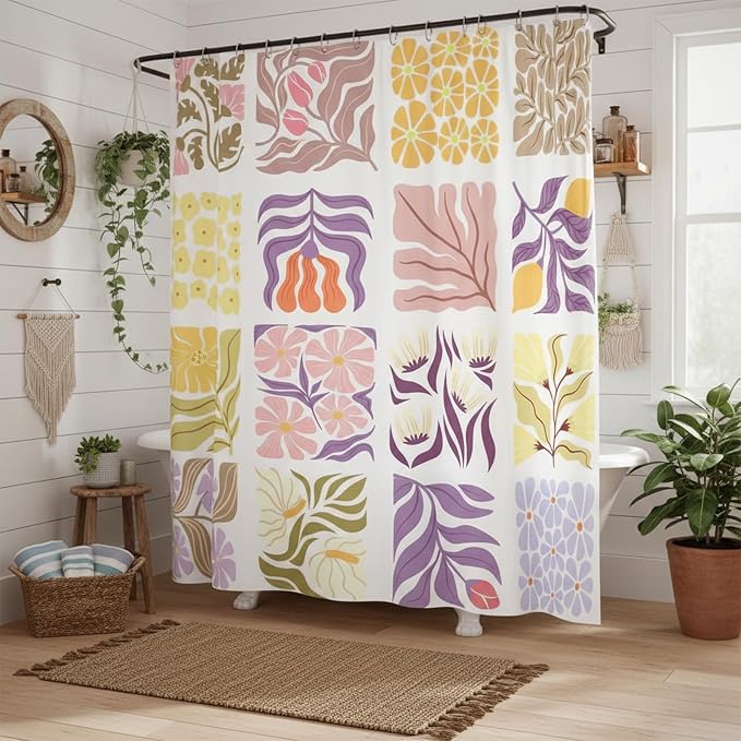 JAWO Cute Boho Floral Shower Curtain, Vintage Colorful Abstract Floral Retro Aesthetic Plant Shower Curtain for Bathroom, Funky Unique Purple Waterproof Fabric Polyester Bath Curtains Decor,47Wx64H