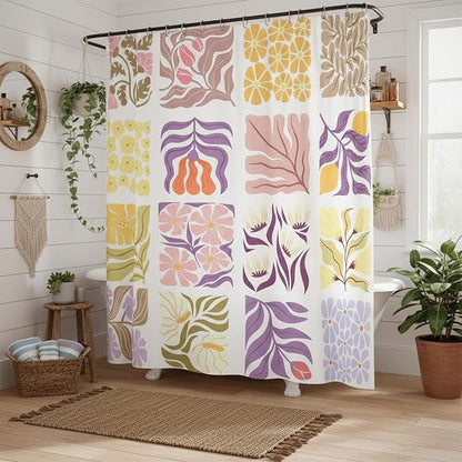 JAWO Cute Boho Floral Shower Curtain, Vintage Colorful Abstract Floral Retro Aesthetic Plant Shower Curtain for Bathroom, Funky Unique Purple Waterproof Fabric Polyester Bath Curtains Decor,47Wx64H