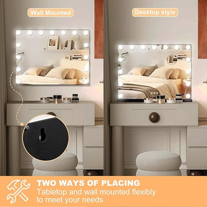 Moonee Black Vanity Mirror with Lights, Hollywood Lighted Makeup Mirror with 15 Dimmable Bulbs and 10X Magnification, 3 Colors Modes, Aluminum Metal Frame, Light Up Mirror for Tabletop/Wall（23" x 18"）