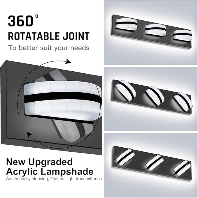 LED Dimmable Bathroom Vanity Light Fixtures, 1550LM 3 Light, Black Modern Matte Bathroom Lighting, Over Mirror Vanity Lights for Bathroom, Living Room, Bedroom ETL Certified