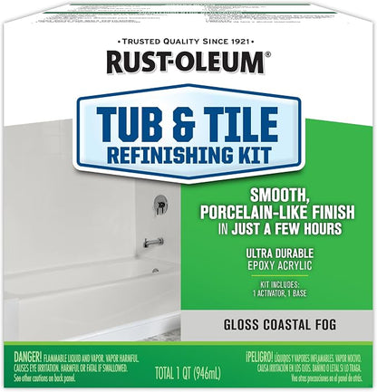 Tub & Tile Touch Up Gloss Coastal Fog Paint Kit | Bathroom Surface Refresh, Ceramic, Porcelain, Fiberglass, Durable Moisture Resistant Finish, Quart
