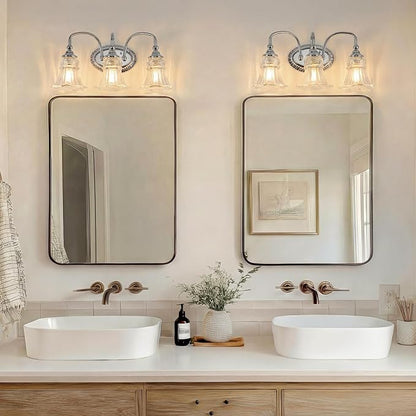 3-Light Vintage Bathroom Light Fixtures, Chrome | Vanity Lights Over Mirror with Floral Glass Shade for Bathroom Powder Room, Living Room Hallway