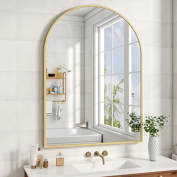 XRAMFY 32"x48" Arched Bathroom Mirror with Aluminum Frame Arched Wall Mounted Vanity Mirror for Entryway, Bedroom, Living Room, Gold
