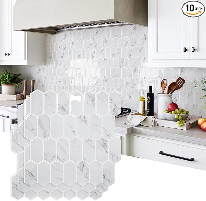Vamos Tile Upgraded Thicker Design Backsplash Tile Peel and Stick, 10-Sheet Grey Marble Long Hexagon Self Adhesive Wall Tiles Stick On Backsplash for Kitchen Bathroom RV Fireplace