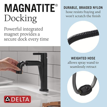 Delta Nicoli 1 Hole Matte Black Bathroom Faucet with Sprayer, Single Hole Bathroom Sink Faucet with Pull Out Sprayer for Vanity, Push-Pop Drain, Matte Black 15849LF-BLPD
