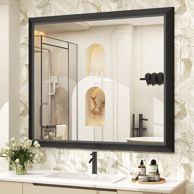 SMIROR 40x38 Matte Black Bathroom Vanity Mirror for Over Sink | Metal Wide Frame, Rectangle, Right- Angle Corner, Anti-Rust, Horizontally or Vertically Wall- Mounted for Home Remodel