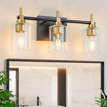 3-Light Modern Bathroom Vanity Light,Black and Gold Light Fixtures for Bathroom,Modern Wall Light Over Mirror with Glass E26 Socket (Bulbs Not Included)