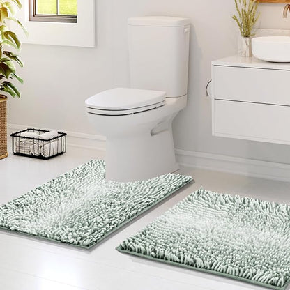 Hearth & Harbor Bathroom Rugs, Chenille Bath Mat - Machine Washable Bath Mats for Bathroom Non-Slip Backing Rubber, Quick Dry Bathroom Mat, 17 x 24 + 20 x 24 - Ombre Green