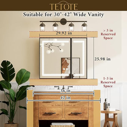 TETOTE Black Lighted Medicine Cabinet Mirror with Led Lights 30 x 26 Wall Mount or Recessed Bathroom Cabinet with Storage, 2 Door Tempered Glass Led Vanity Cabinet, 2 Outlets, 3-Color Dimming, Defog