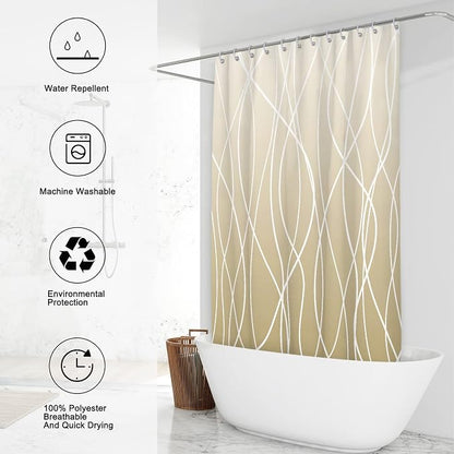 Striped Shower Curtain for Bathroom, Ombre Khaki, 72" W x 72" L | with Hooks, Modern Hotel Style, Water Repellent, Washable, Weighted Hem