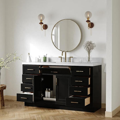 ARIEL Hepburn 60-inch Bathroom Vanity with Sink,Solid Wood, 1.5-inch Carrara White Quartz Countertop & Backsplash, Single Rectangular Porcelain Sink, 2 Soft Closing Doors, 9 Dovetail Drawers, Black