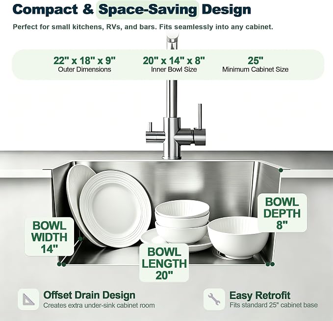 Kitchen Sink, 22 x 18 Inch Drop in Sink, 304 Stainless Steel | Centre-Offset Drain, 9" Deep Single Bowl, Topmount Installation, Brushed(Inclued Drain Strainer & Bottom Grid)